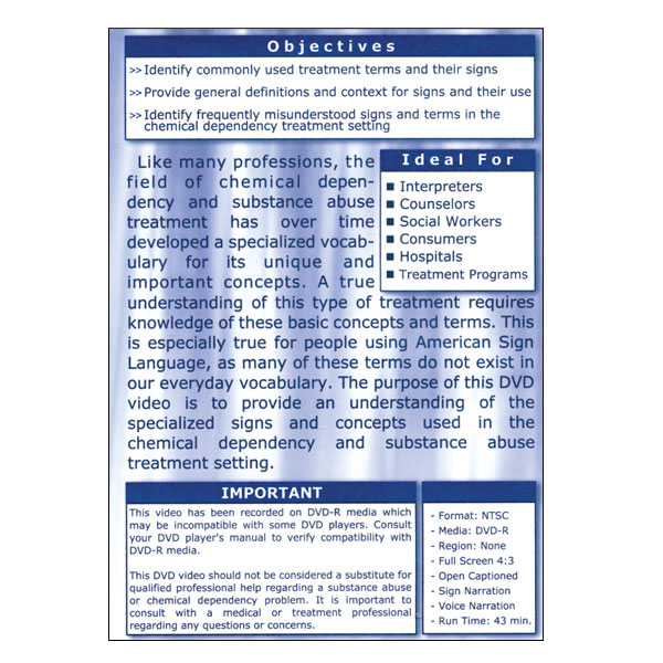 Signs for Recovery DVD Features ASL Signs for Chemical Dependency