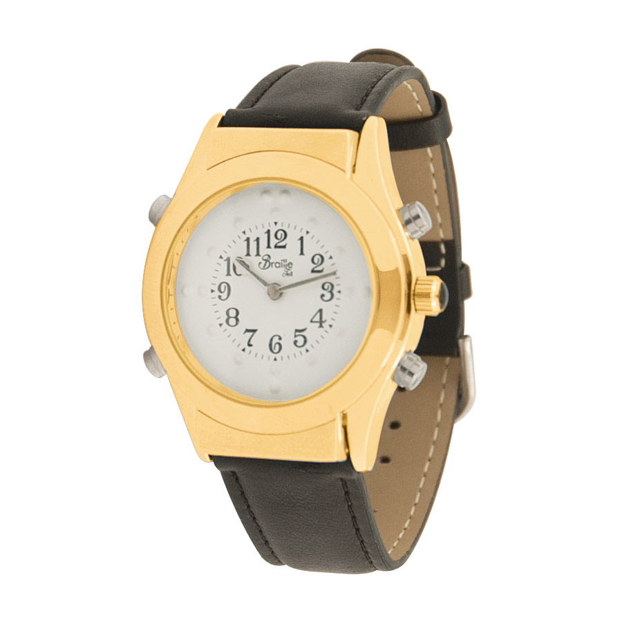 Reizen Mens Gold Braille Talking Watch + White Dial + Leather Band