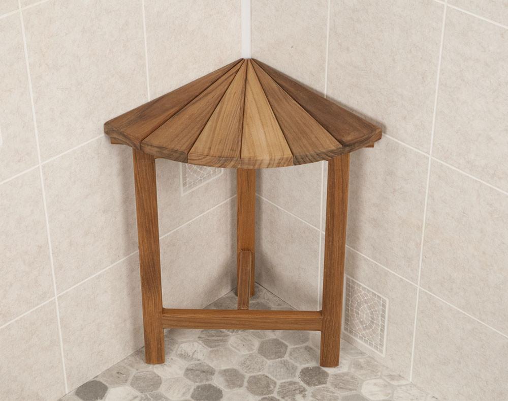 Teak Corner Shower Bench with Fan Design Top