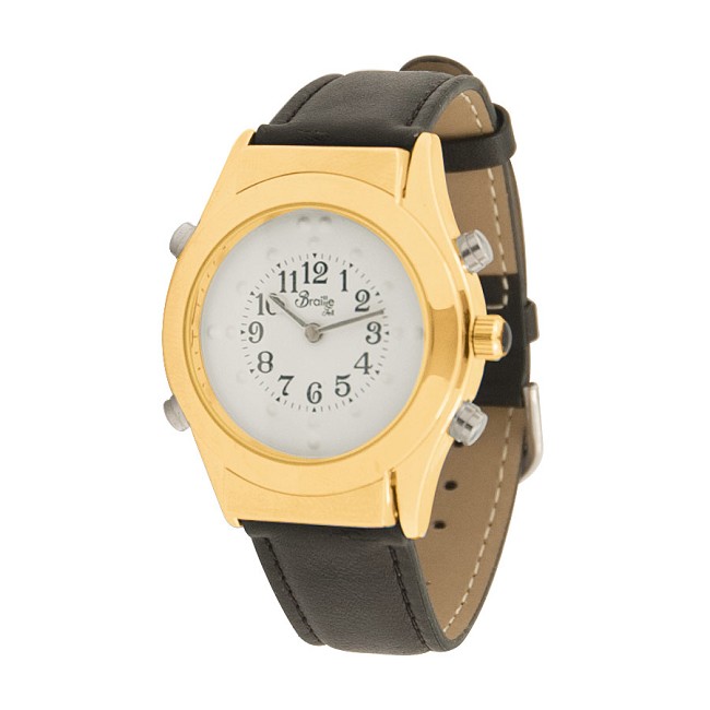 Reizen Mens Gold Braille Talking Watch + White Dial + Leather Band