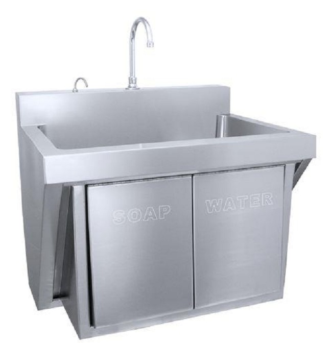 Stainless Steel Scrub Sink with Knee Activated Water and Soap Valves