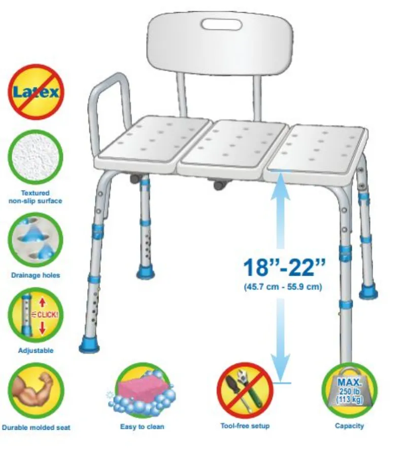 AquaSense Tub Transfer Bench with Reversible Backrest and Arm Rail