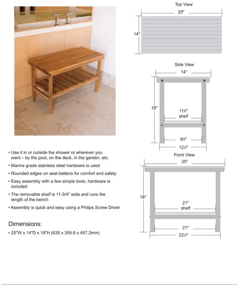 Luxury Teak Shower Bench Stool with Shelf and 500 lb. Weight Capacity ...
