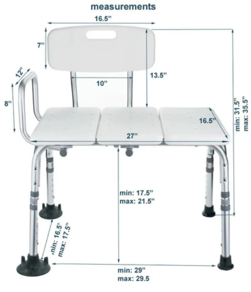 MOBB Transfer Bath Bench with Back and Arm Rest Adjustable Height