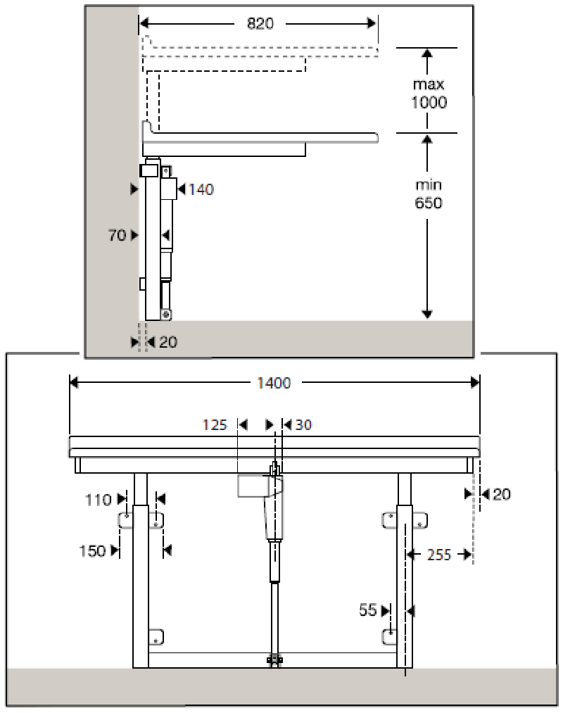 Pressalit Care Wall Mounted Wallaby Adjustable Height Changing Table