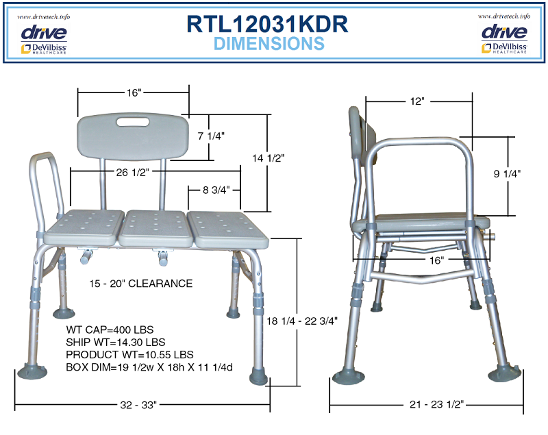 Drive Medical Plastic Tub Transfer Bench with Backrest