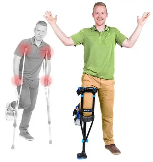 Man relief by using iWalk to avoid crutches pain