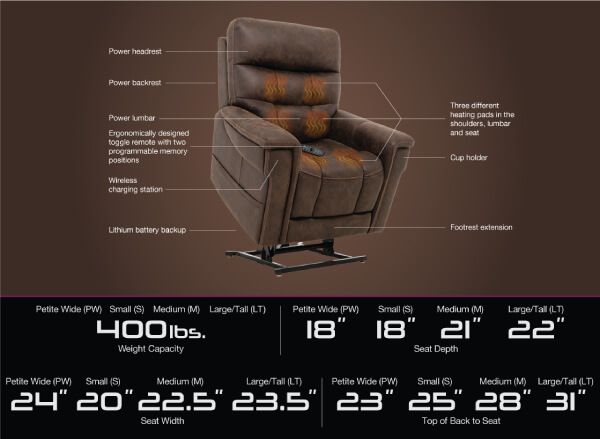 The heavyduty VivaLift Mobility Radiance Lift Chair comes in multiple sizes
