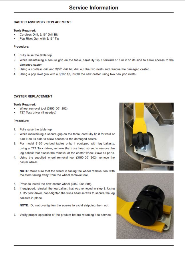 Stryker Overbed Table Parts List